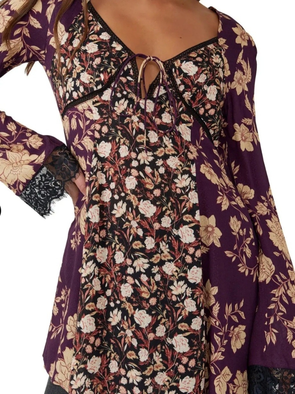 Free People Purple Floral Lace-Trim Tunic